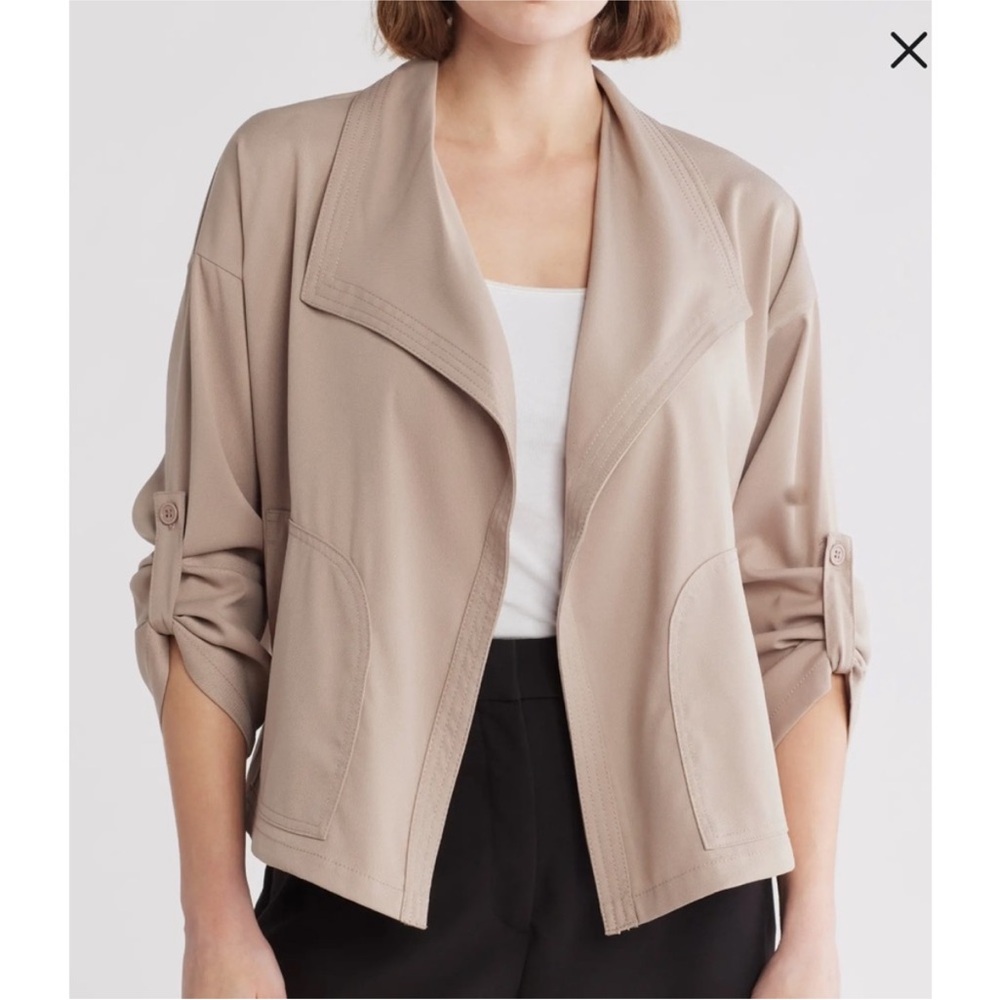 Max Studio drape open front khaki roll tab jacket L